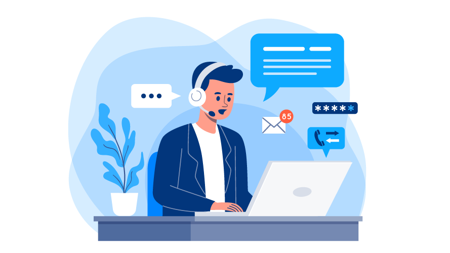 Illustration of a customer support worker wearing a headset and using a laptop.